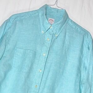 Brooks Brothers Mens 346 Original Polo Shirt Light Blue Linen Button Down Size L